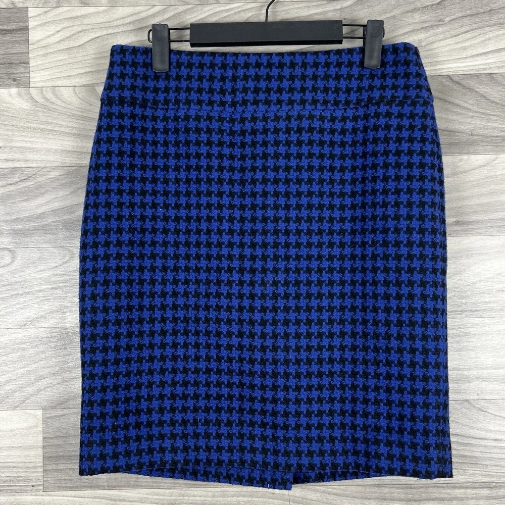 Ann Taylor Skirt Womens 4 Blue Pencil Houndstooth Career‎ Business Wool Blend